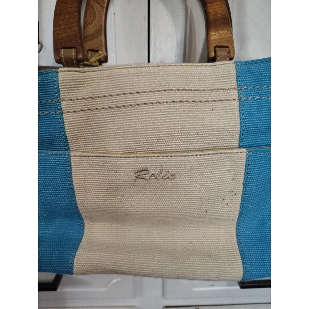 Relic Turquoise an White  Lined Woven Handbag Zippered Purse Pockets Wood Handle